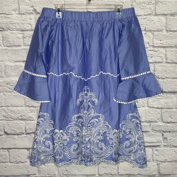 Foxiedox Blue Off Shoulder Embroidered Shift Dress NWT - Picture 7 of 15